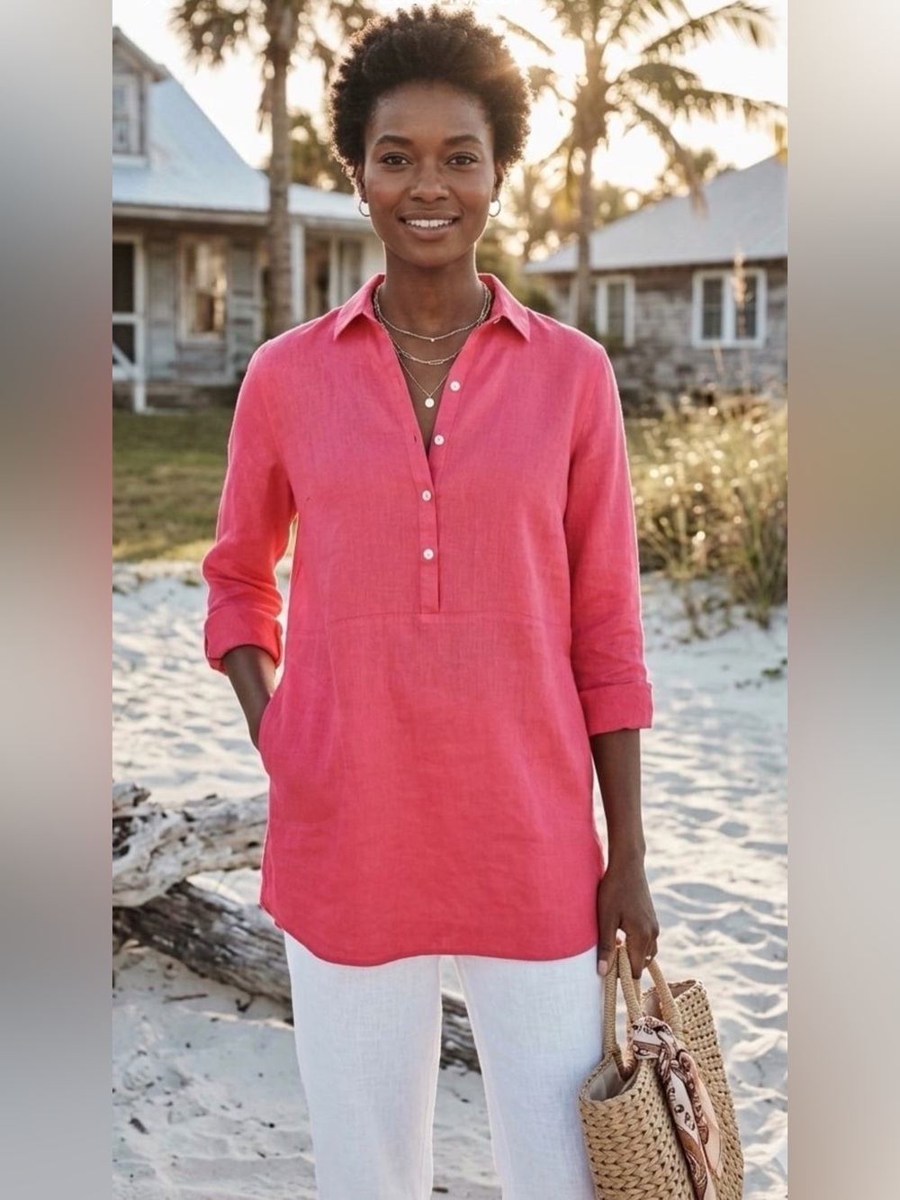 J.Jill Love Linen Roll-Tab Sleeve Button Henley Tunic